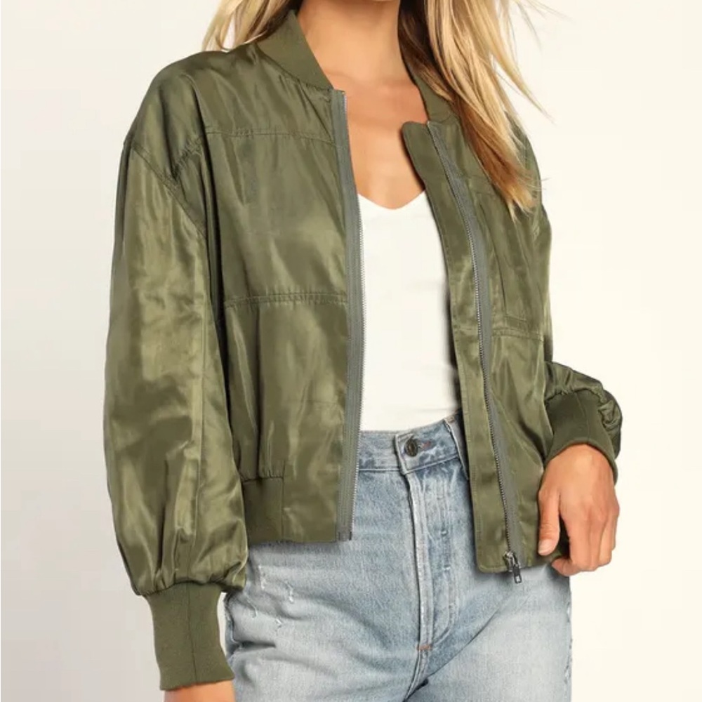 Lulus Born Cool Olive Green Satin Lightweight Bomber Jacket - Medium